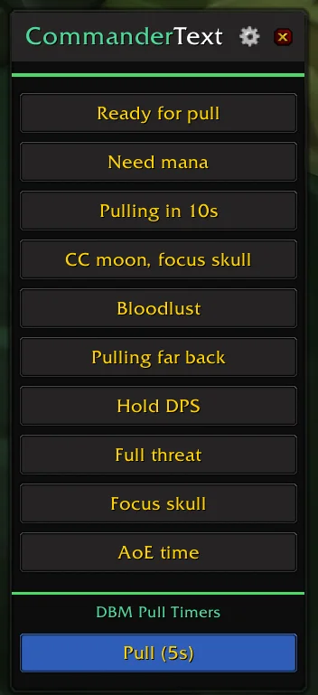 CommanderText overlay showing message buttons and DBM pull timers